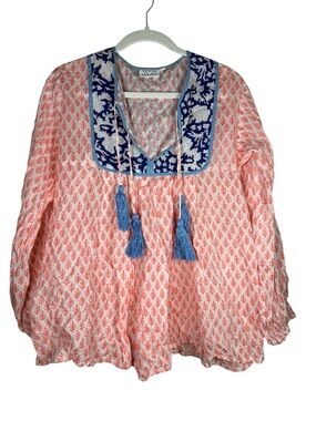 SZ Nila Cotton Blockprints Tunic Top Pink Blue Floral Tassels Vibrant Sz L